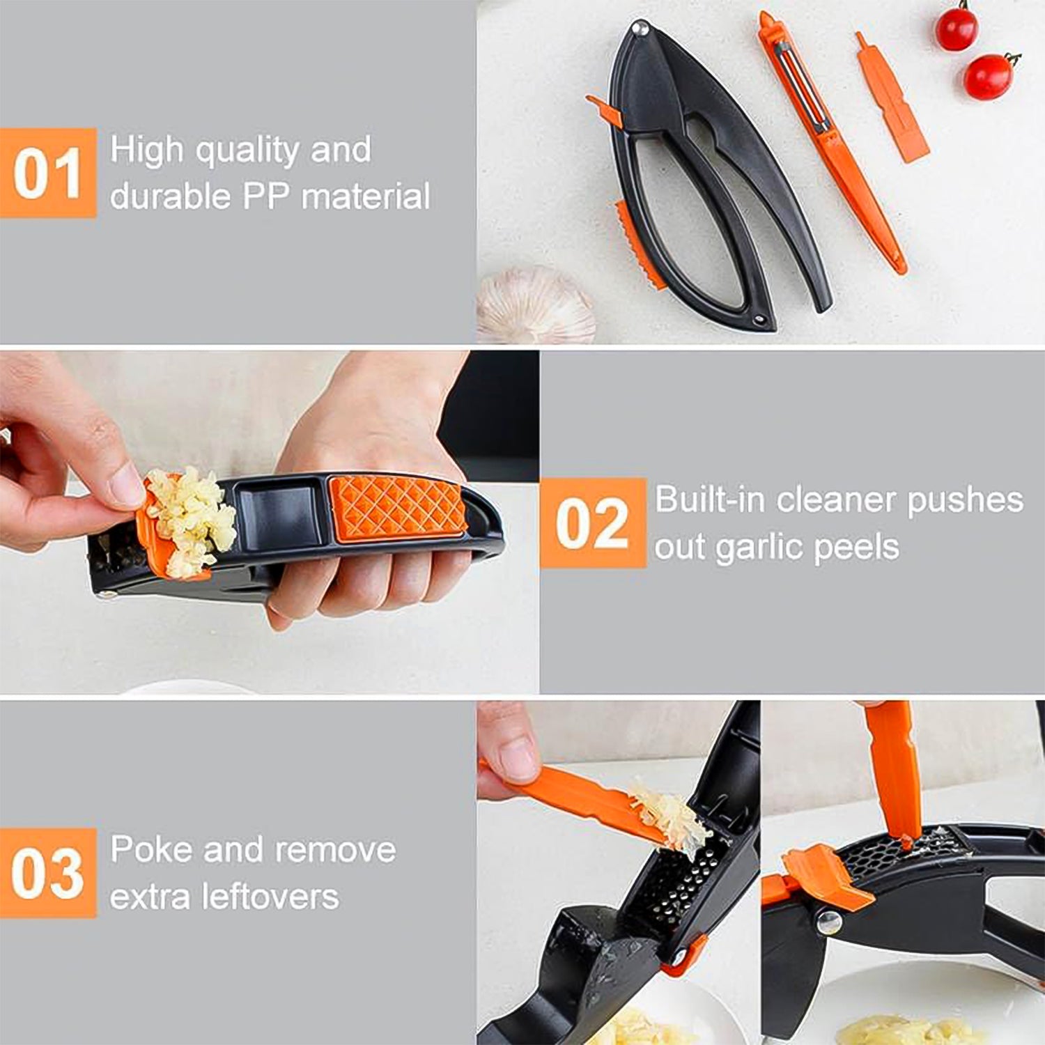 Superior eMart multifunctional garlic press with durable PP material and built-in cleaner for easy garlic peeling and leftover removal