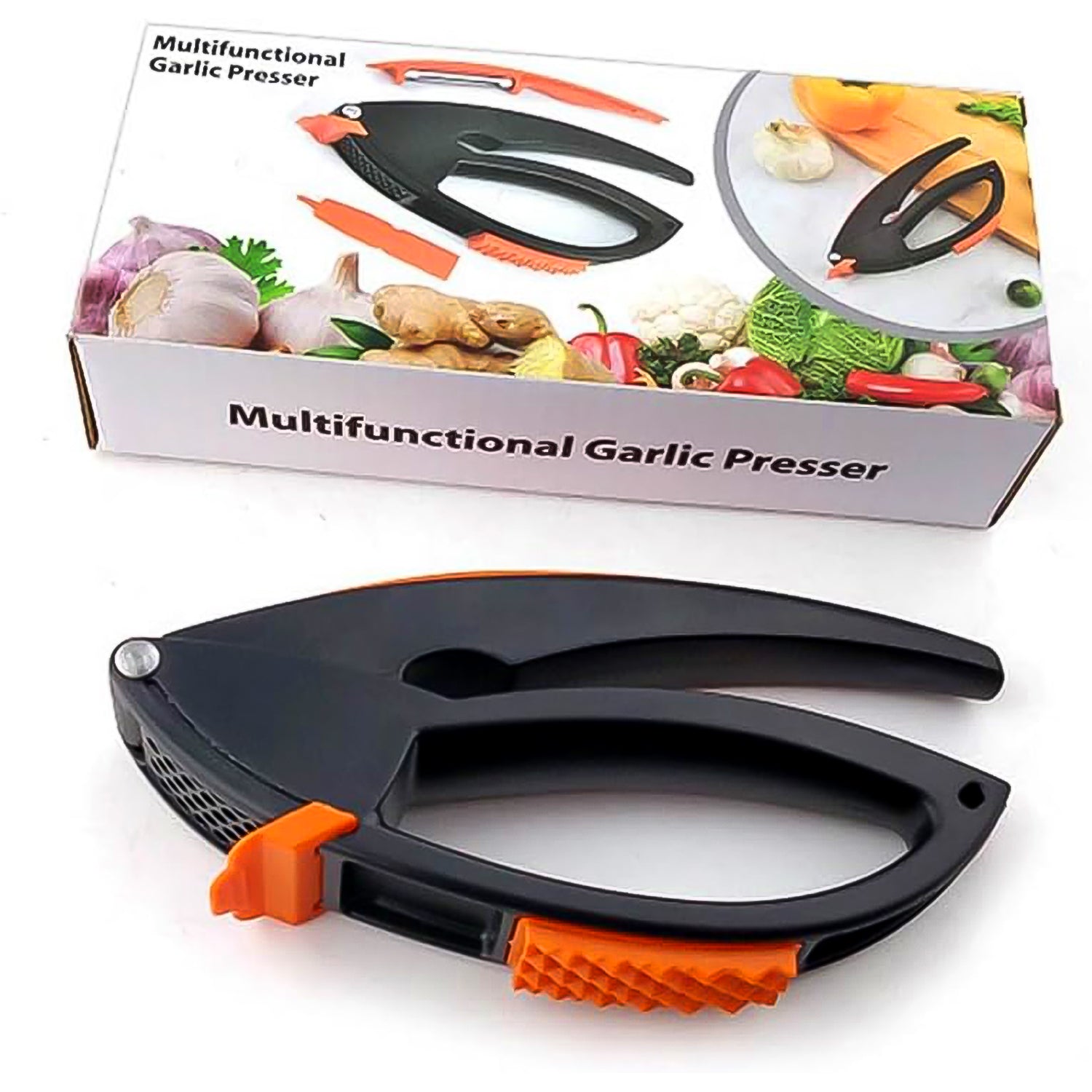 Superior eMart multifunctional garlic press in black and orange with ergonomic handle and box packaging