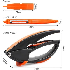 Superior eMart multifunctional garlic press with black and orange handle, includes potato peeler and cleaner tools