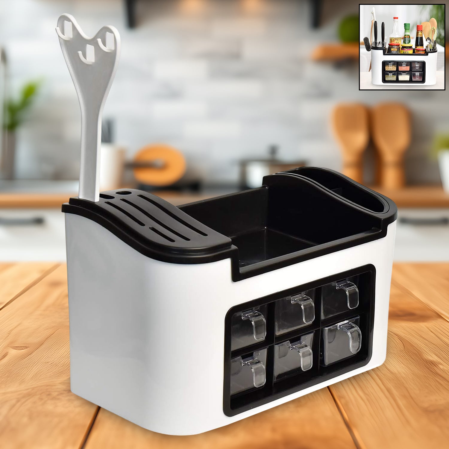 Superior eMart multifunctional kitchen organizer with utensil holder and spice containers on wooden countertop