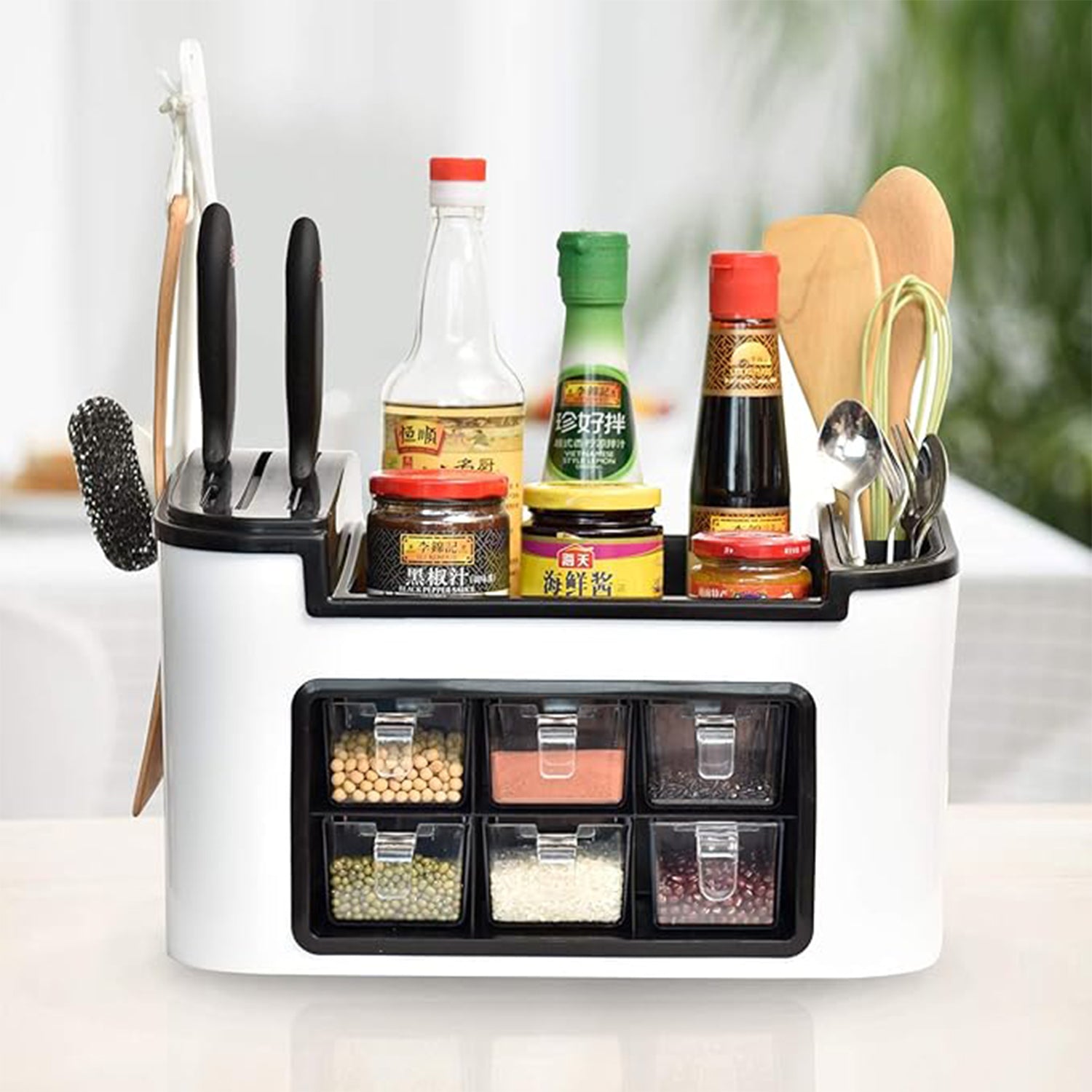Superior eMart multifunctional kitchen organizer with spice jars, bottles, utensils, and knife slots in white and black