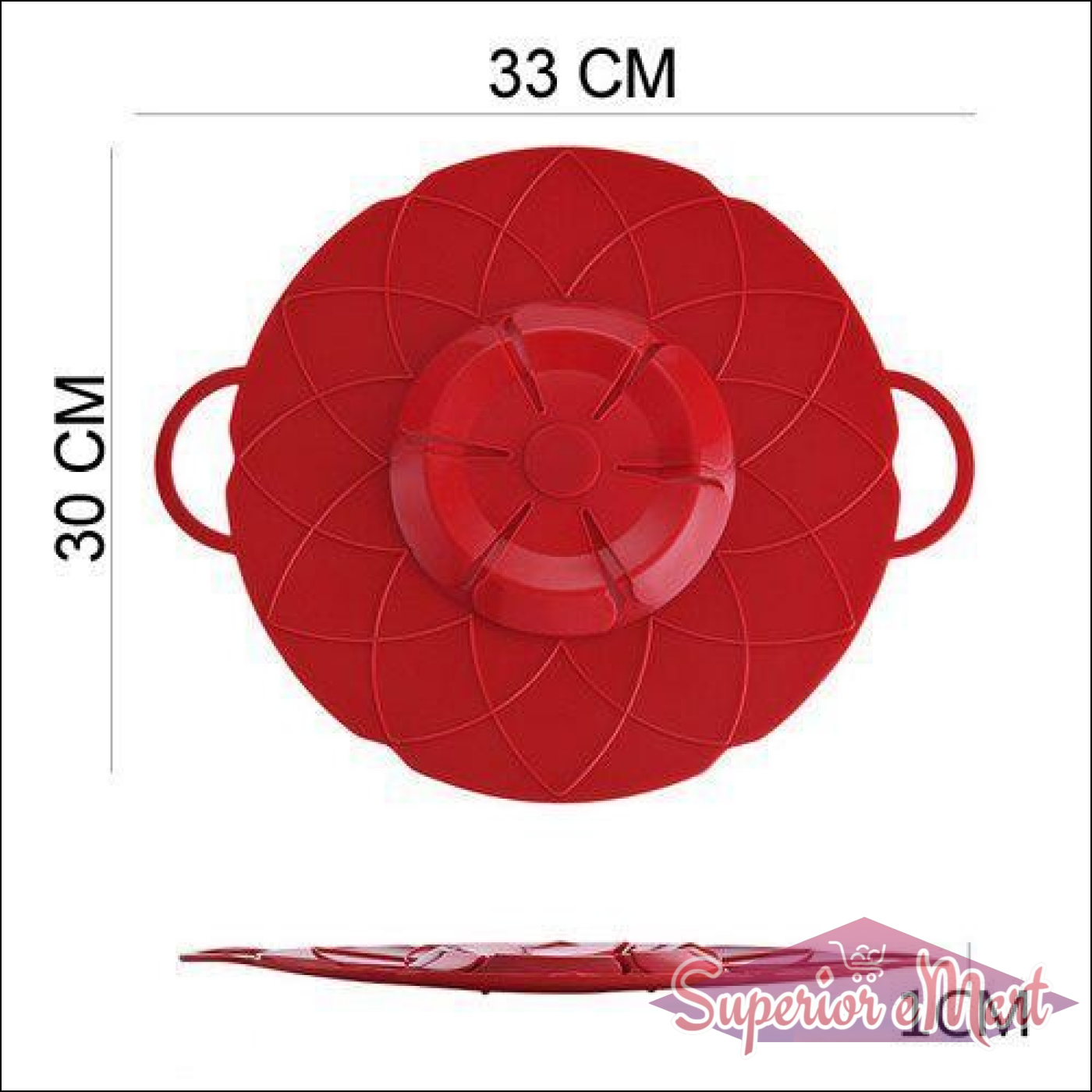 Superior eMart multifunctional silicone lid cover in red, measuring 33 CM x 30 CM, with handles for easy use