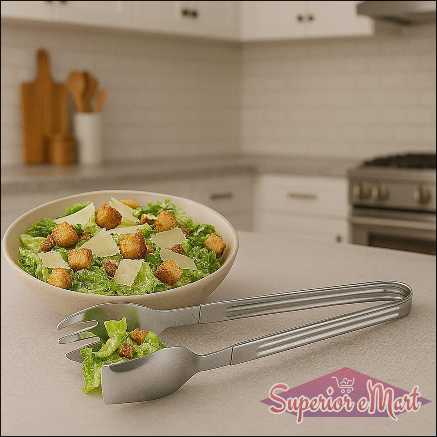 2-in-1 stainless steel serving tong set with salad in a bowl on a kitchen countertop