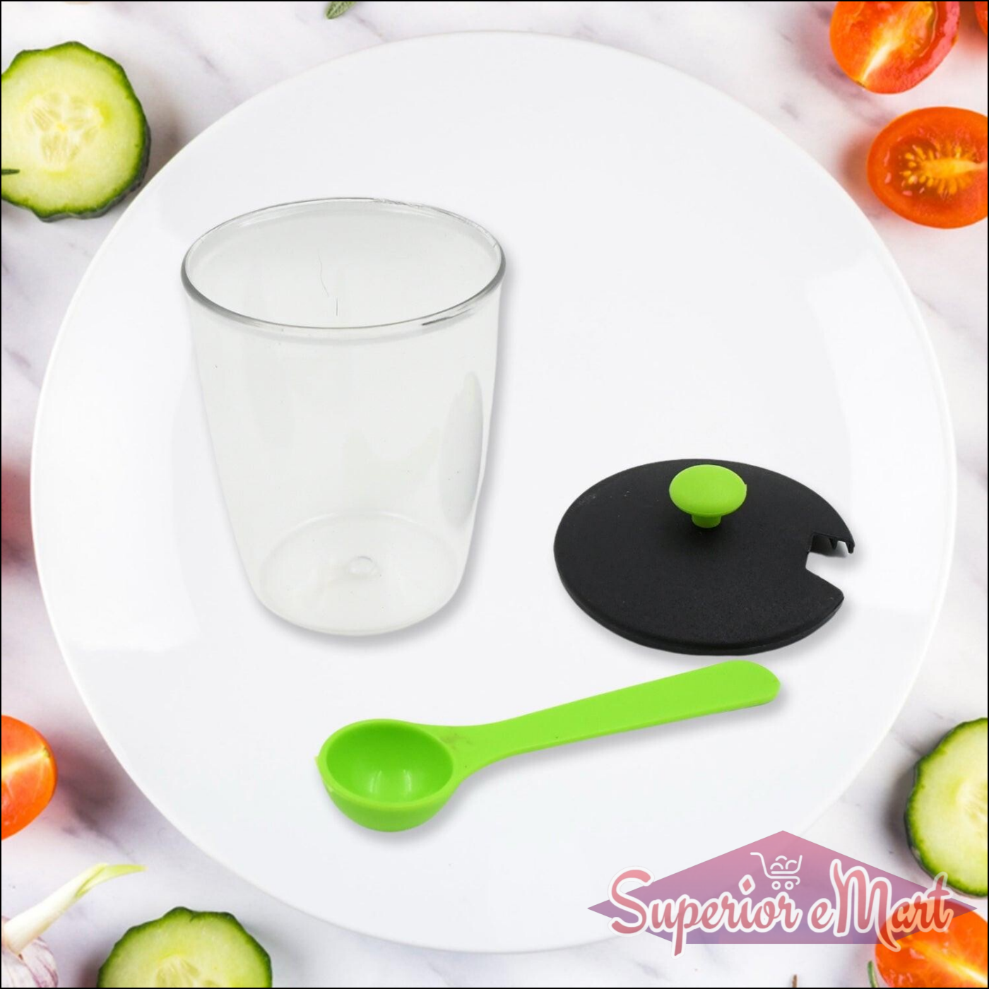 Revolving spice rack set with clear container, black lid, and green measuring spoon for organized kitchen storage