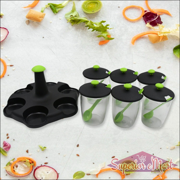 Superior eMart revolving spice rack set with six clear containers and a black organizer for easy access