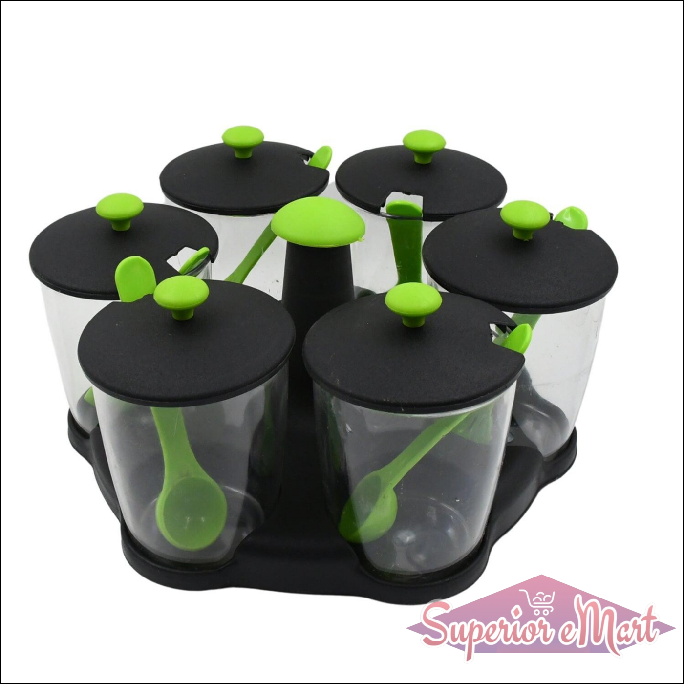 Revolving spice rack set with glass containers and green measuring spoons for easy seasoning access