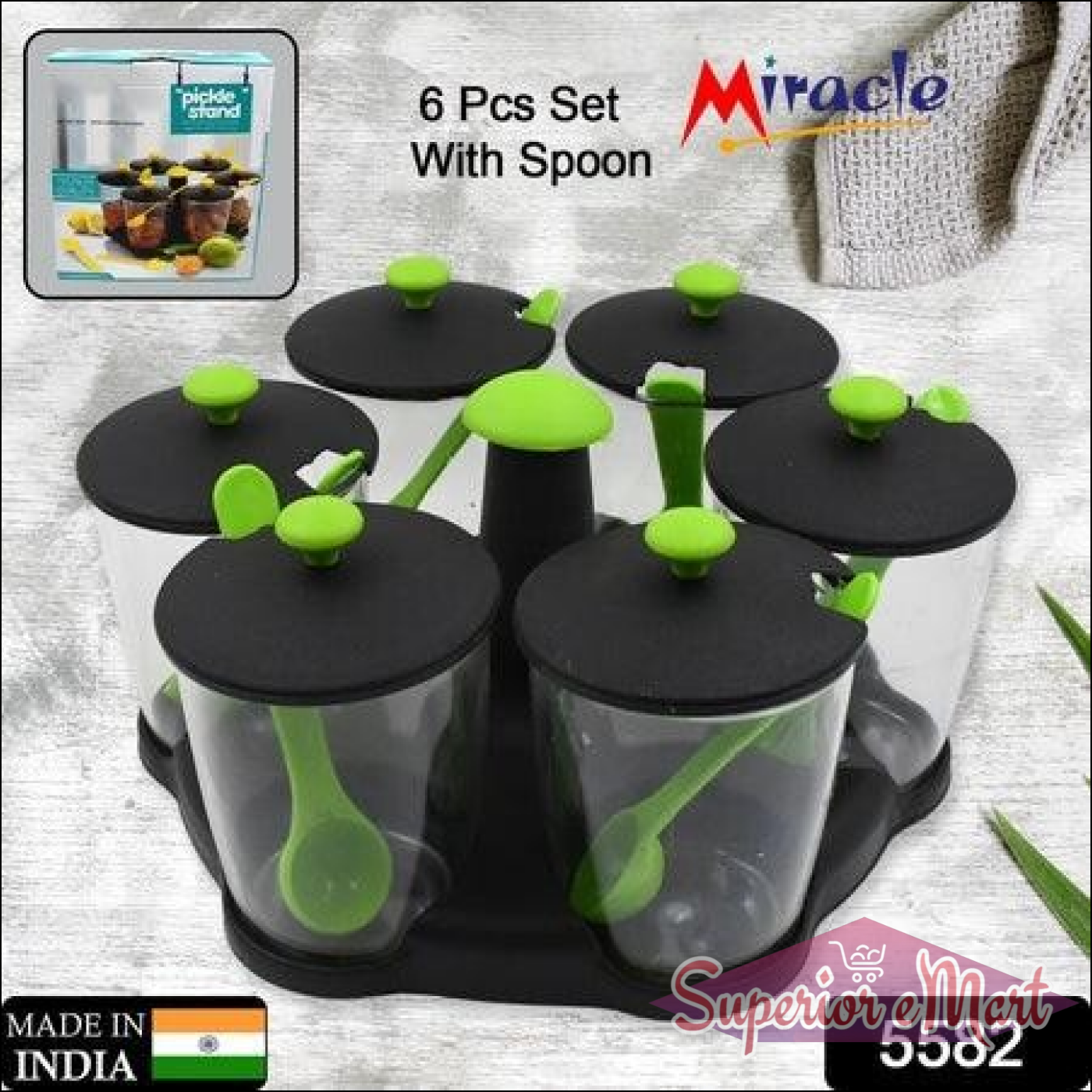 Revolving spice rack set with six containers and spoons for organized kitchen storage