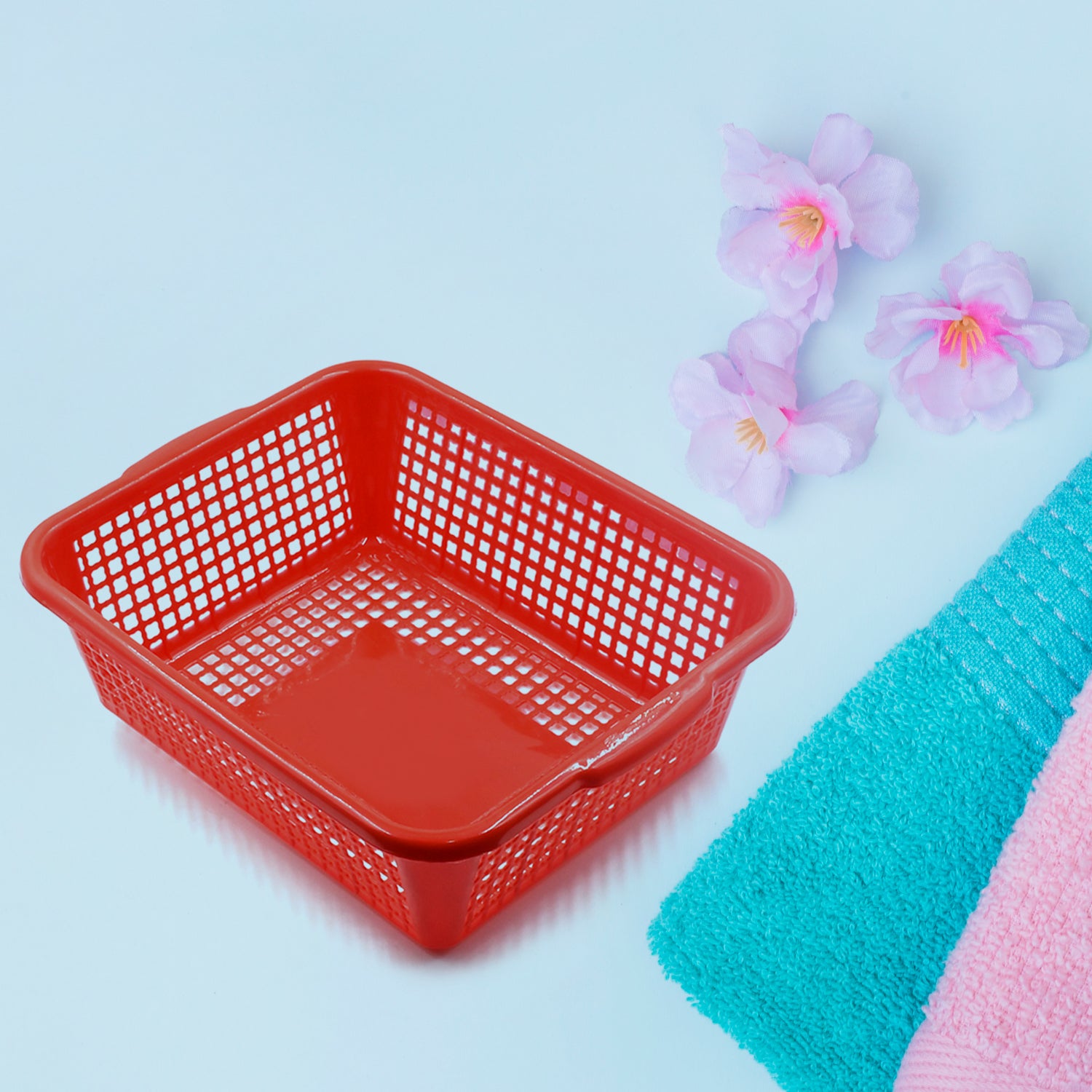 Red multipurpose drain basket for kitchen sink with breathable design for efficient drying