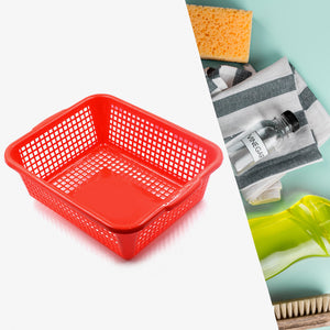 Red multipurpose drain basket for kitchen sink, ideal for washing and draining fruits and vegetables