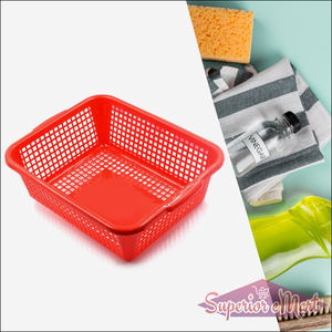 Red multipurpose drain basket for kitchen sink, ideal for washing and draining fruits and vegetables