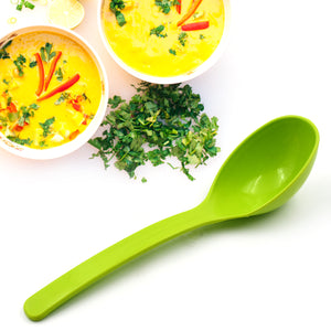 Superior eMart multipurpose kitchen ladle set in green with bowls of soup garnished with herbs