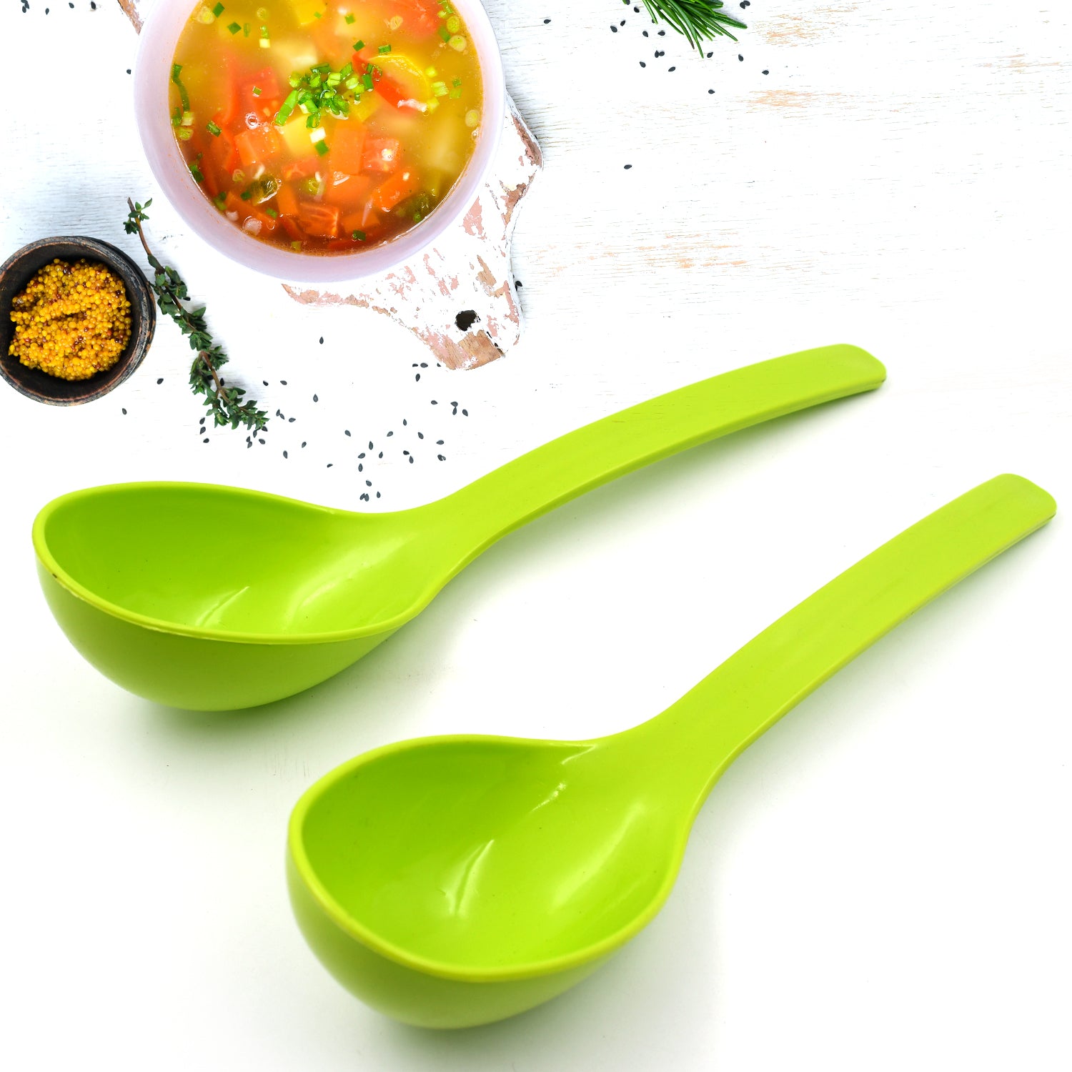 Vibrant green multipurpose kitchen ladle set for serving soups and salads with long handles