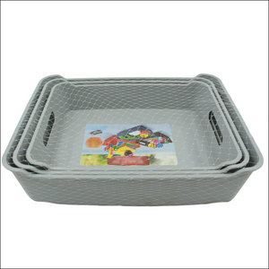 Set of three multipurpose storage baskets in gray with handles for easy organization
