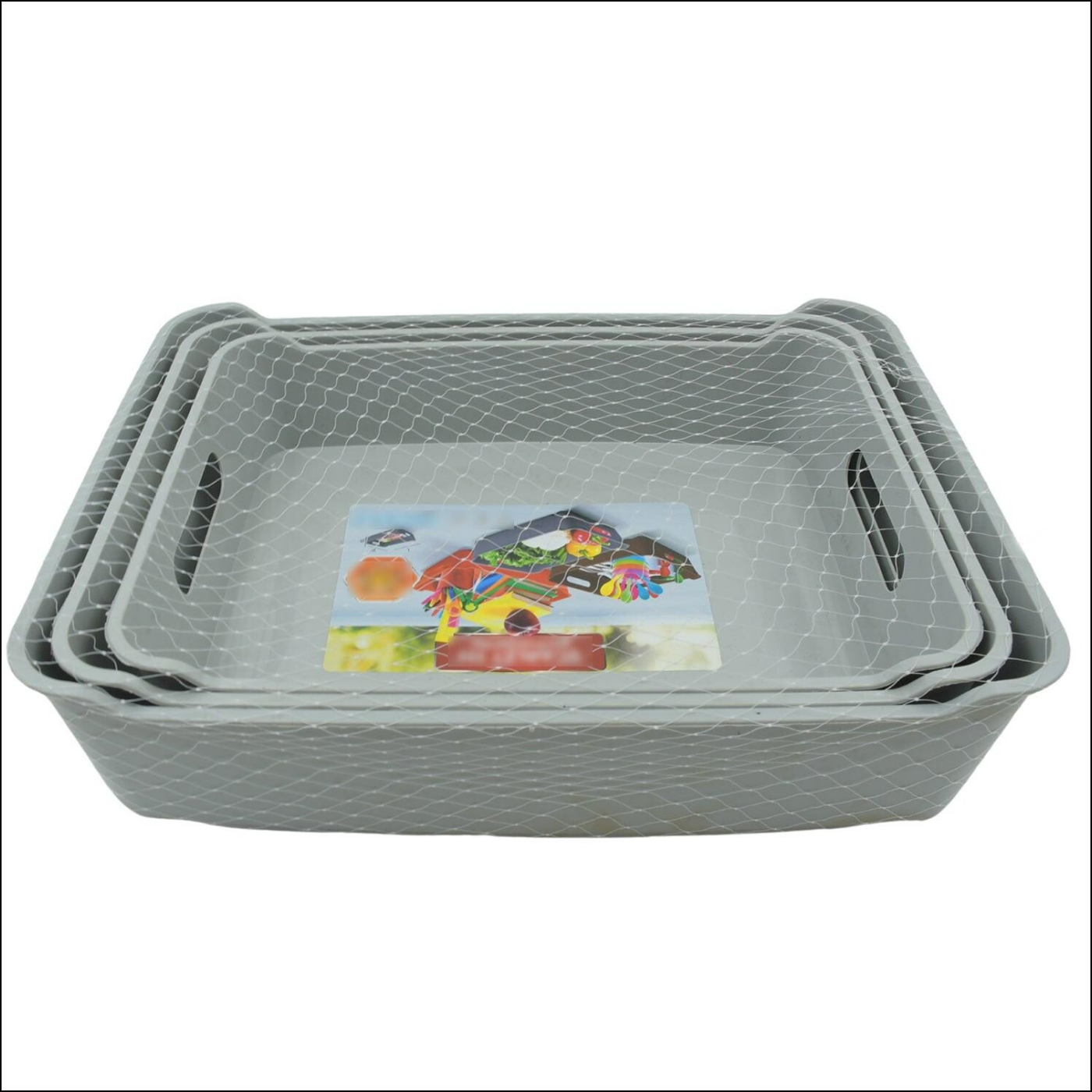 Set of three multipurpose storage baskets in gray with handles for easy organization