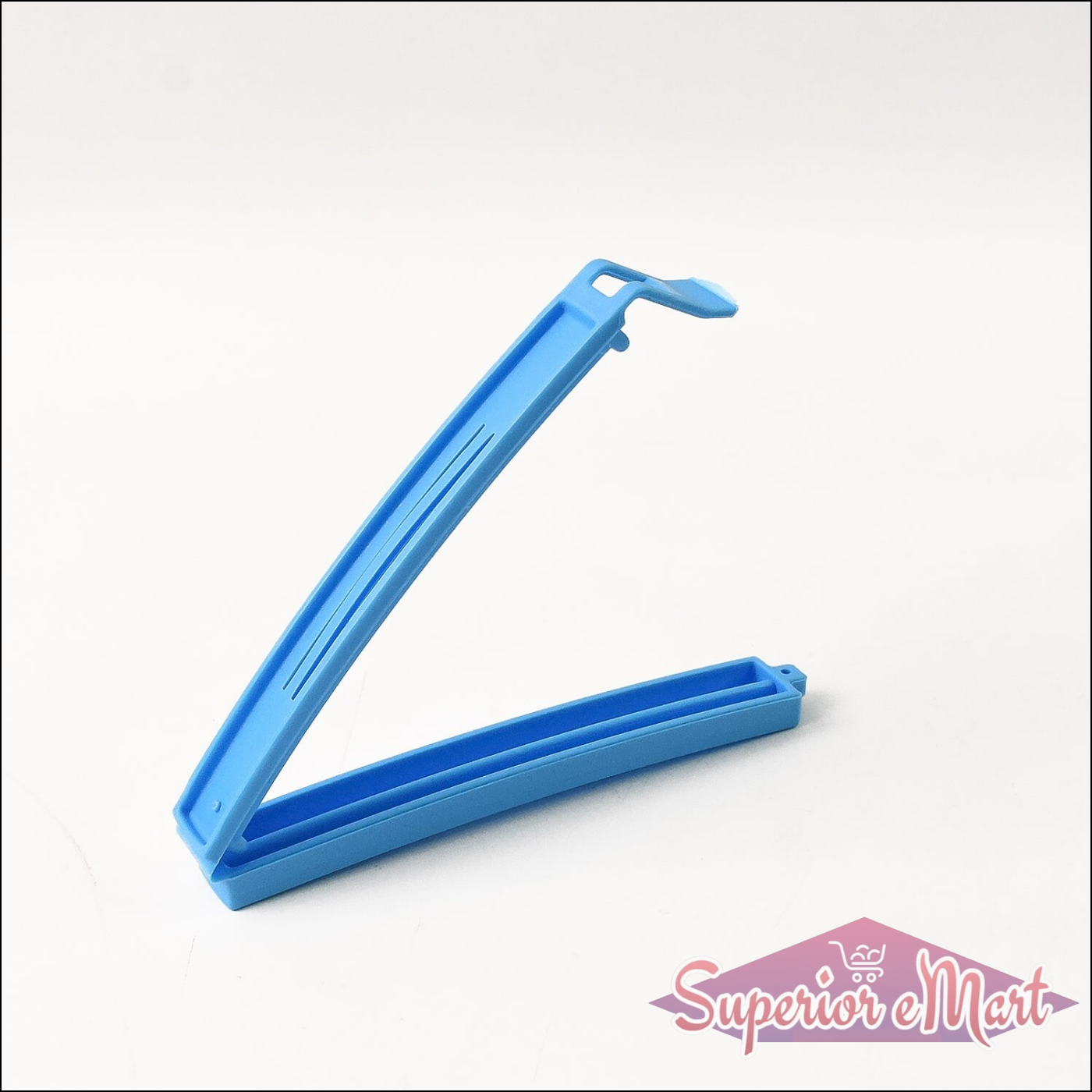 Blue plastic pouch sealer clips designed for easy sealing and food preservation