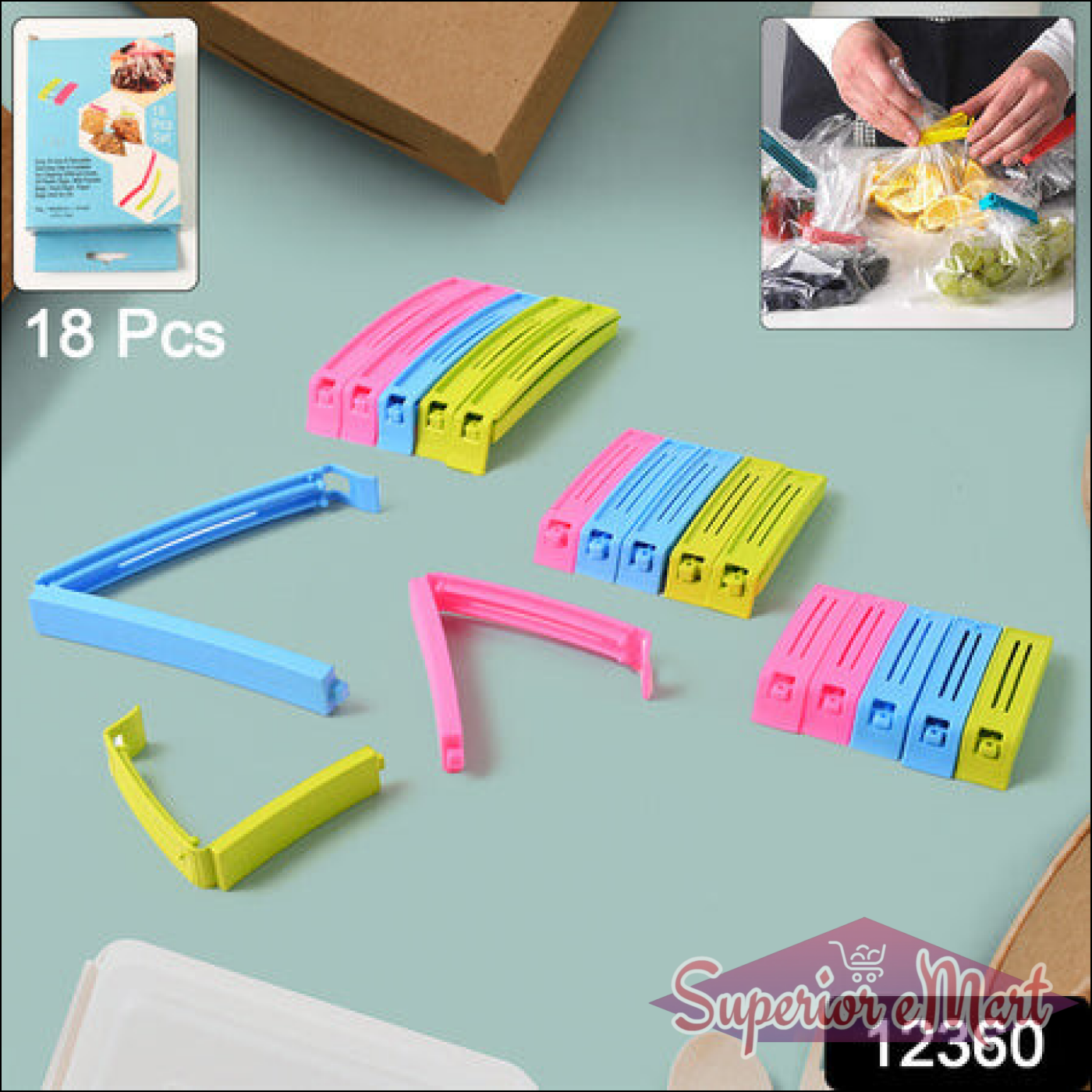 18 Pcs plastic pouch sealer clips in various colors for sealing food bags and preserving freshness