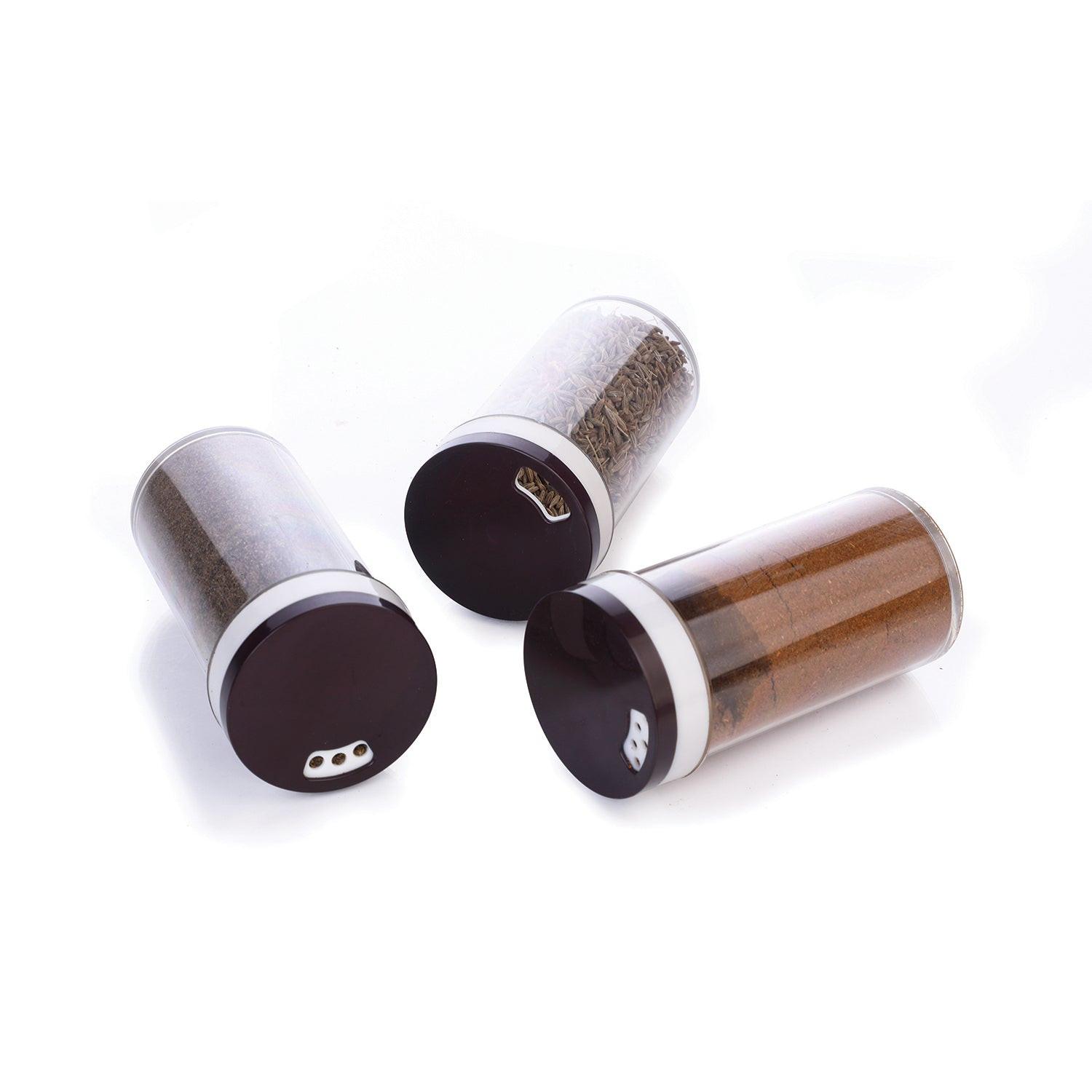 Multipurpose revolving spice rack with clear containers for organized kitchen storage