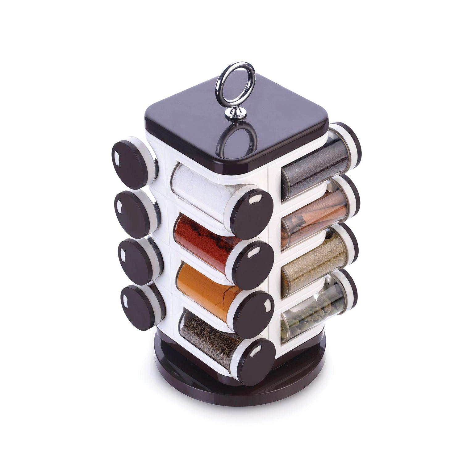 Multipurpose revolving spice rack with clear containers for easy spice access in the kitchen