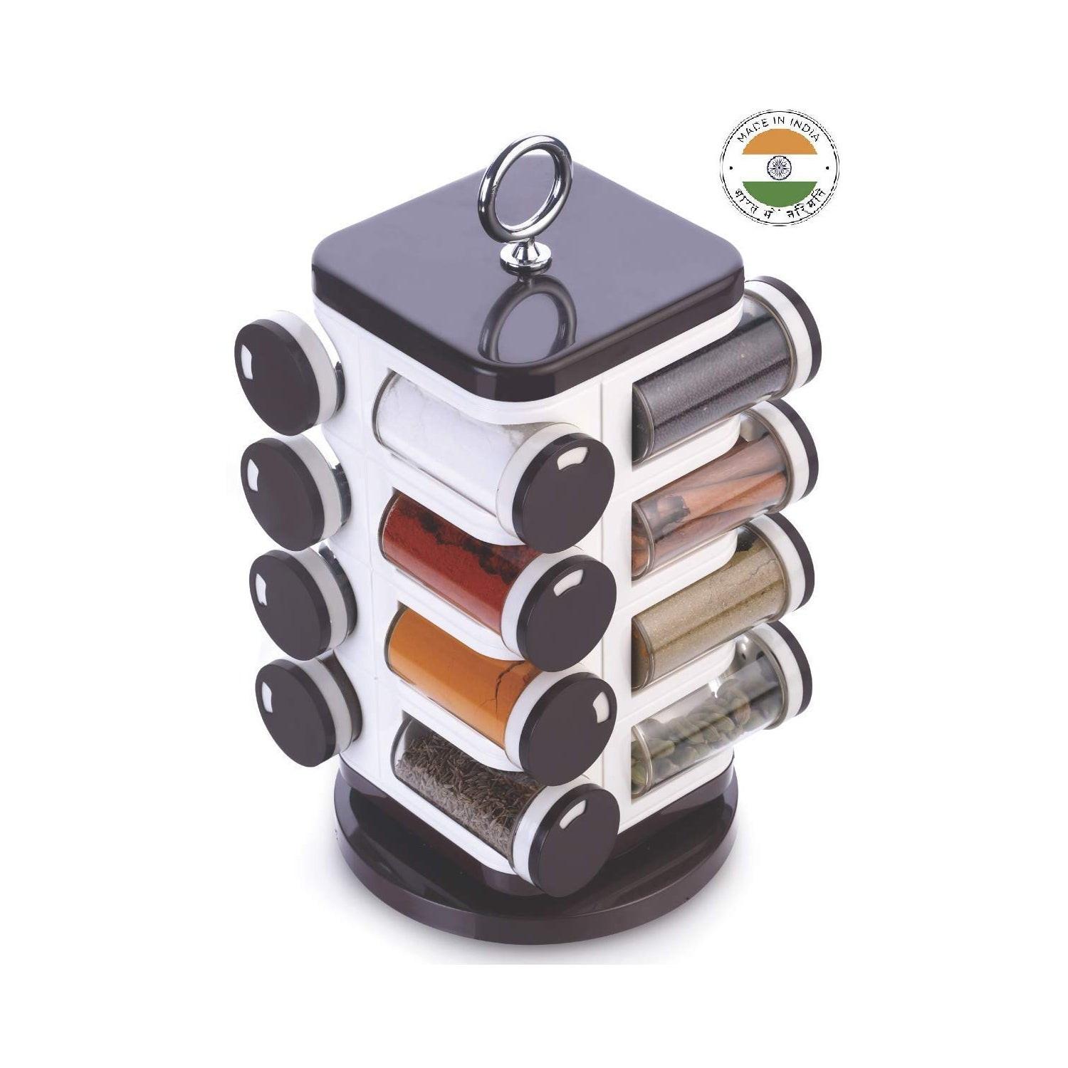 Multipurpose revolving spice rack with clear containers for organized kitchen storage