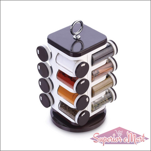 Multipurpose revolving spice rack with clear containers for easy spice access in the kitchen