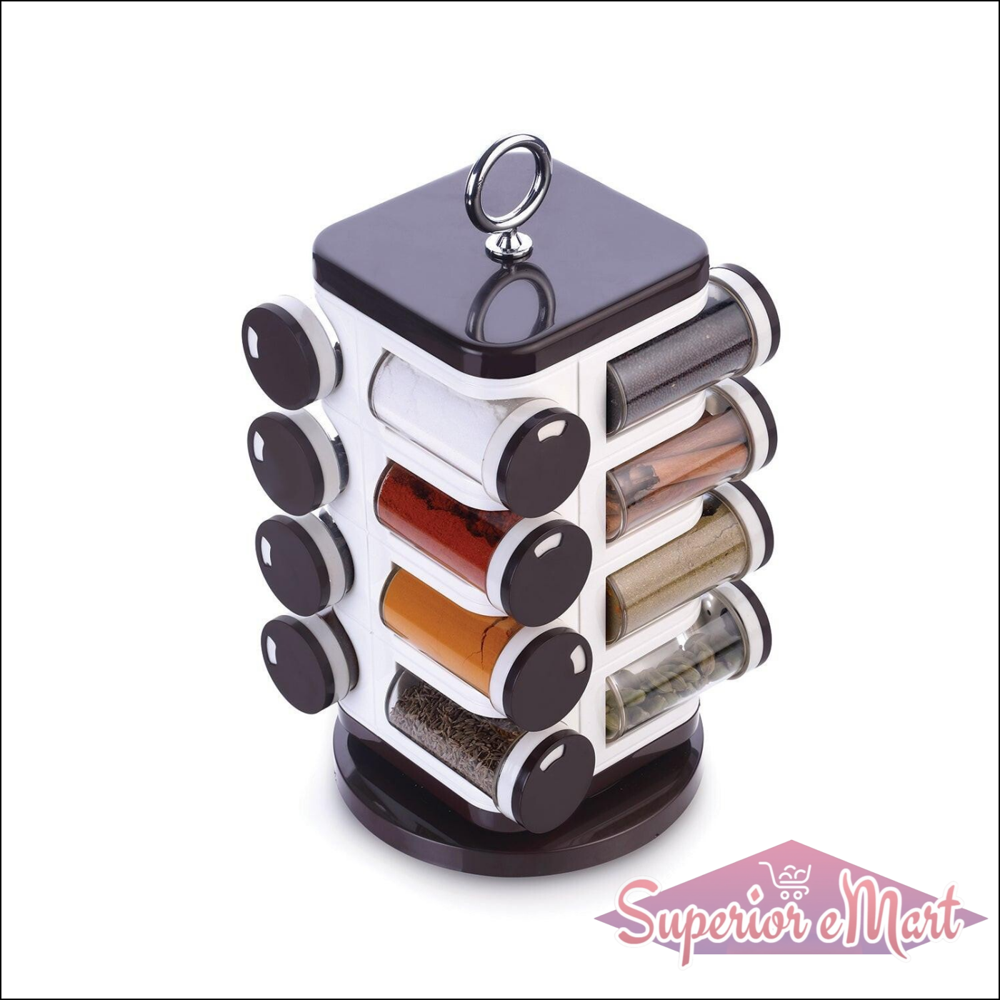 Multipurpose revolving spice rack with clear containers for easy spice access in the kitchen