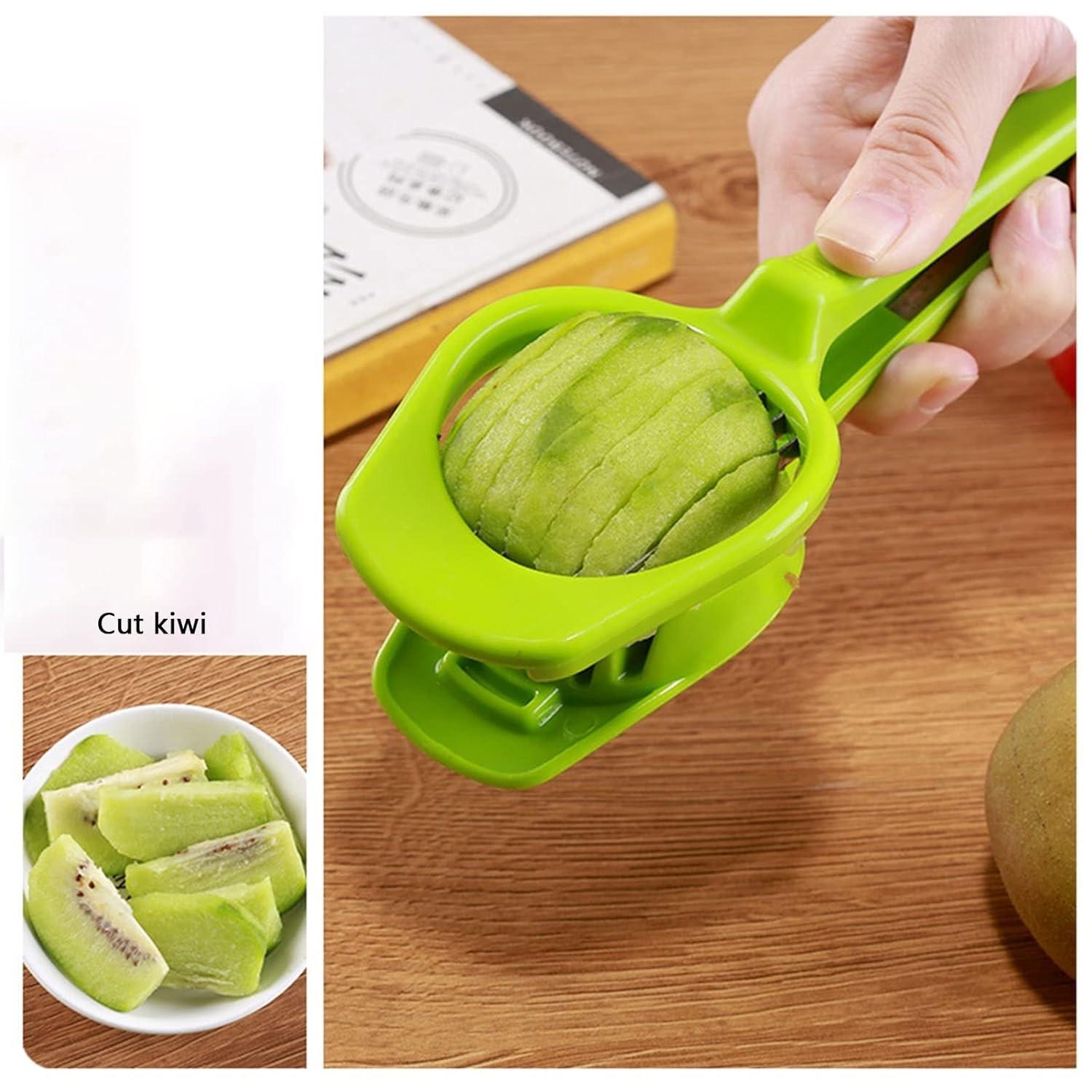 Superior eMart multipurpose slicer for fruits and eggs slicing a kiwi on a wooden countertop