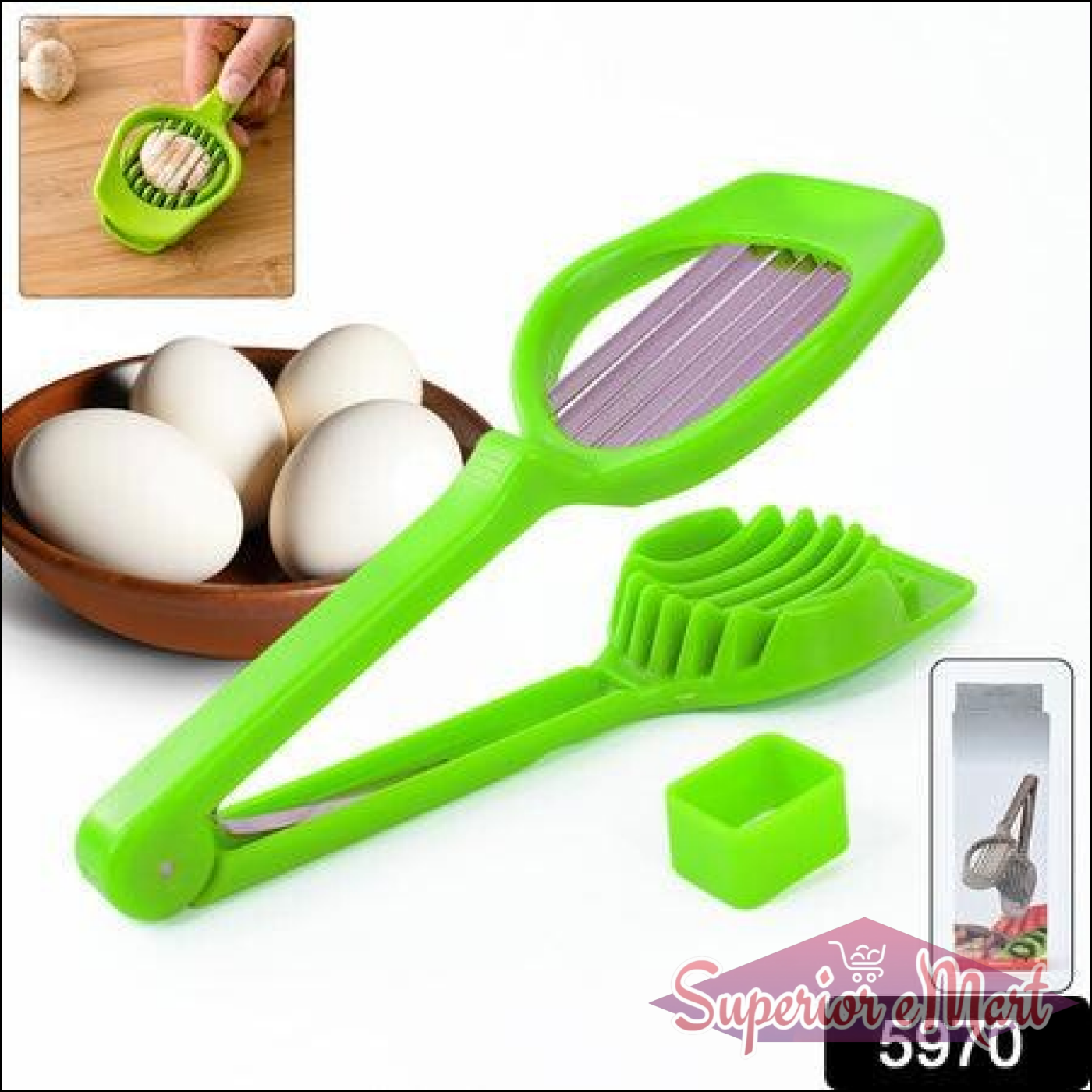 Superior eMart multipurpose slicer for fruits and eggs in vibrant green for easy food preparation