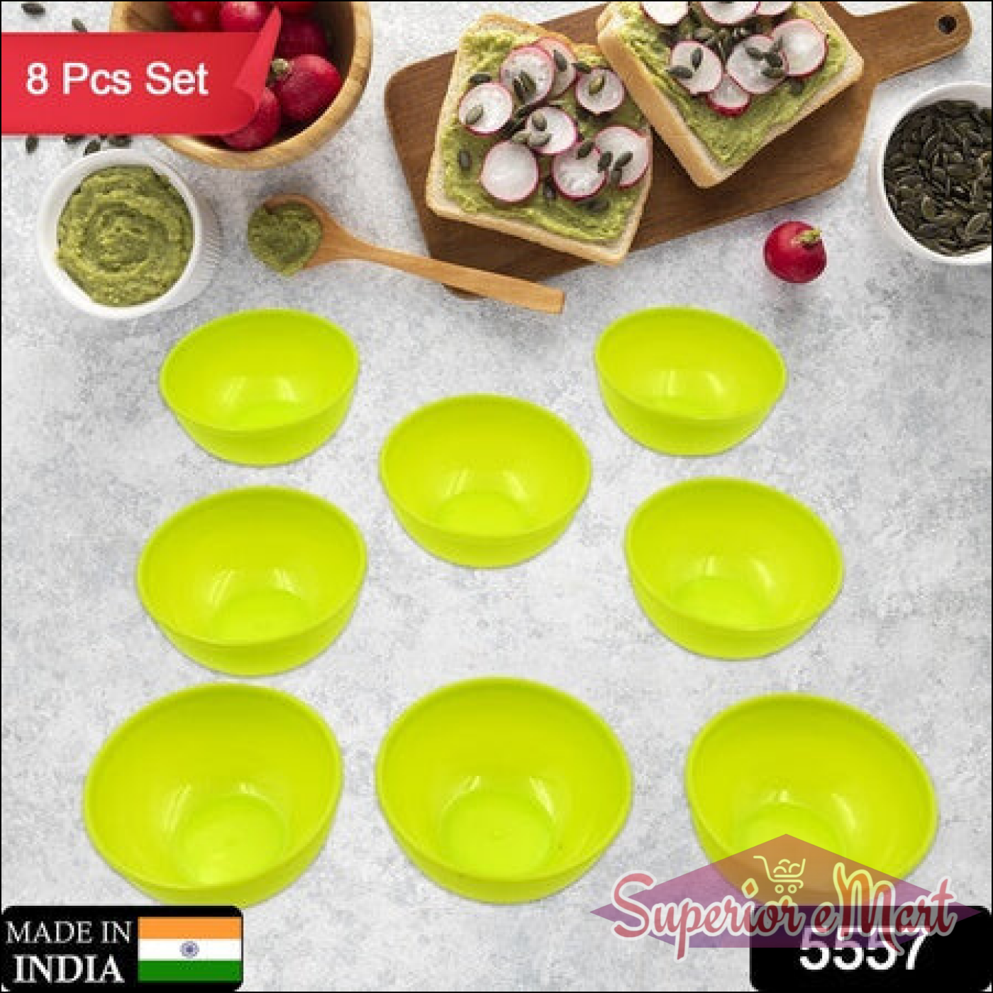 Set of 8 microwave safe plastic bowls in bright green for meal prep and serving