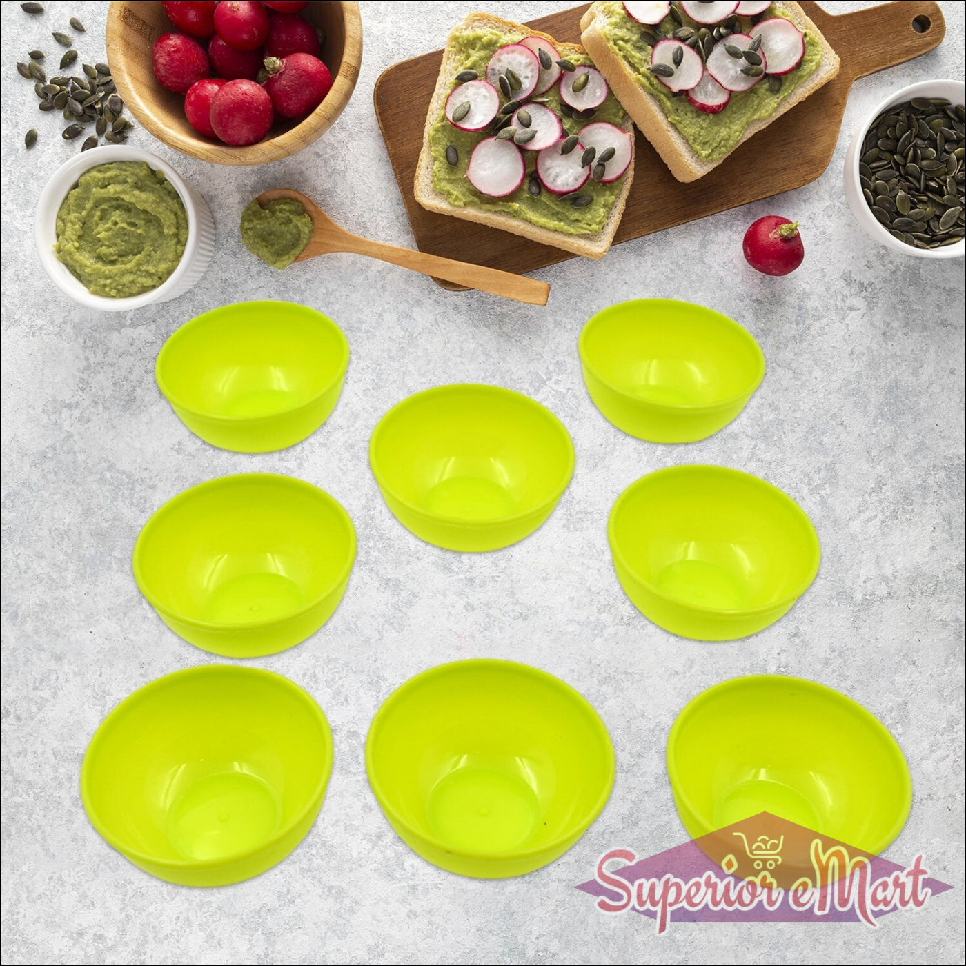 Microwave safe plastic bowls set in bright green, ideal for meal prep and serving snacks