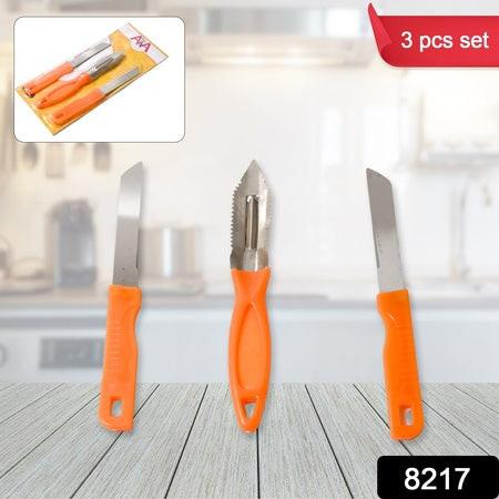 Multipurpose stainless steel kitchen knife set with three colorful blades for versatile cooking tasks