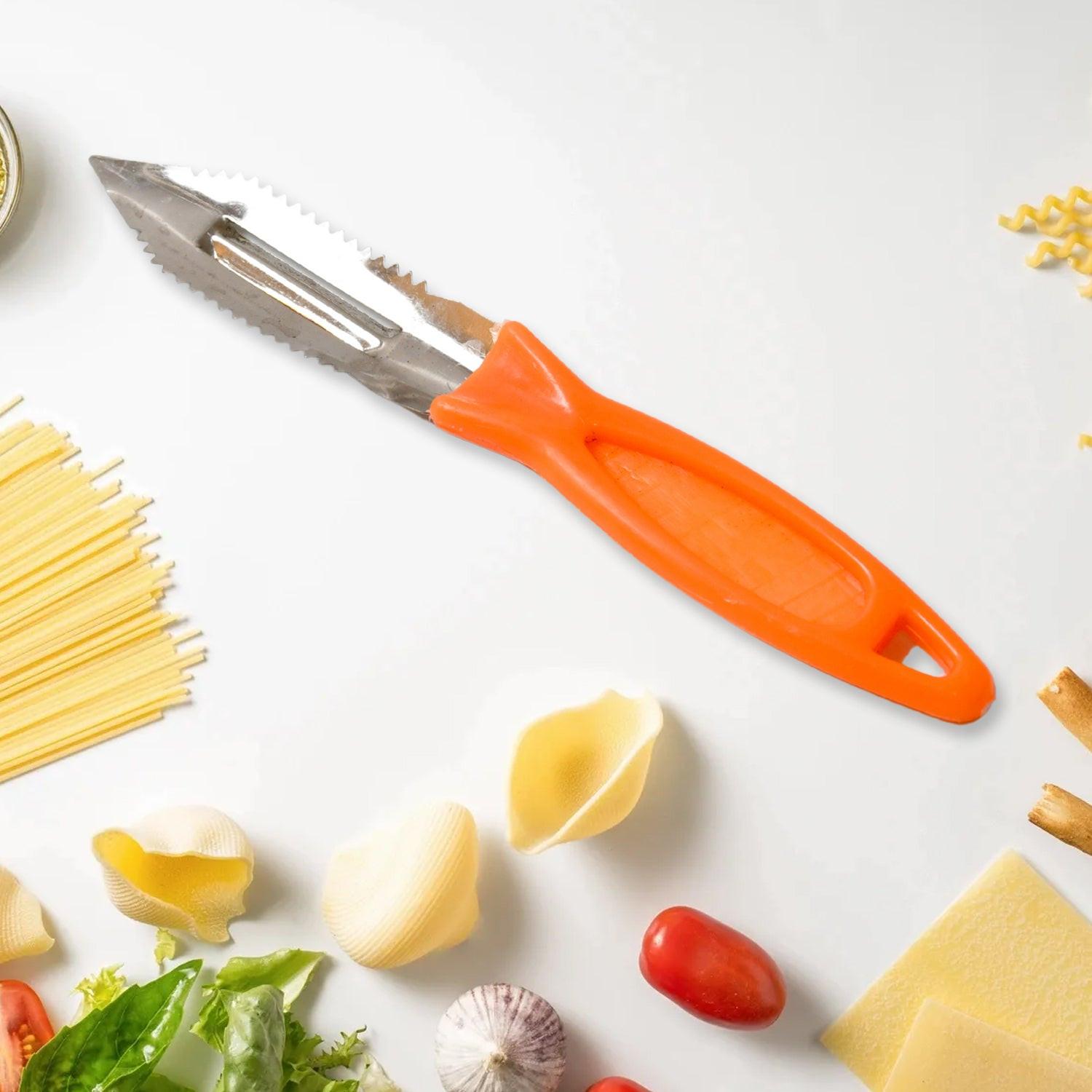 Multipurpose stainless steel kitchen knife set with vibrant orange handle for versatile food prep