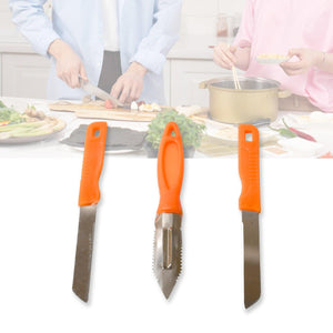 Multipurpose stainless steel kitchen knife set with ergonomic orange handles for versatile cooking tasks