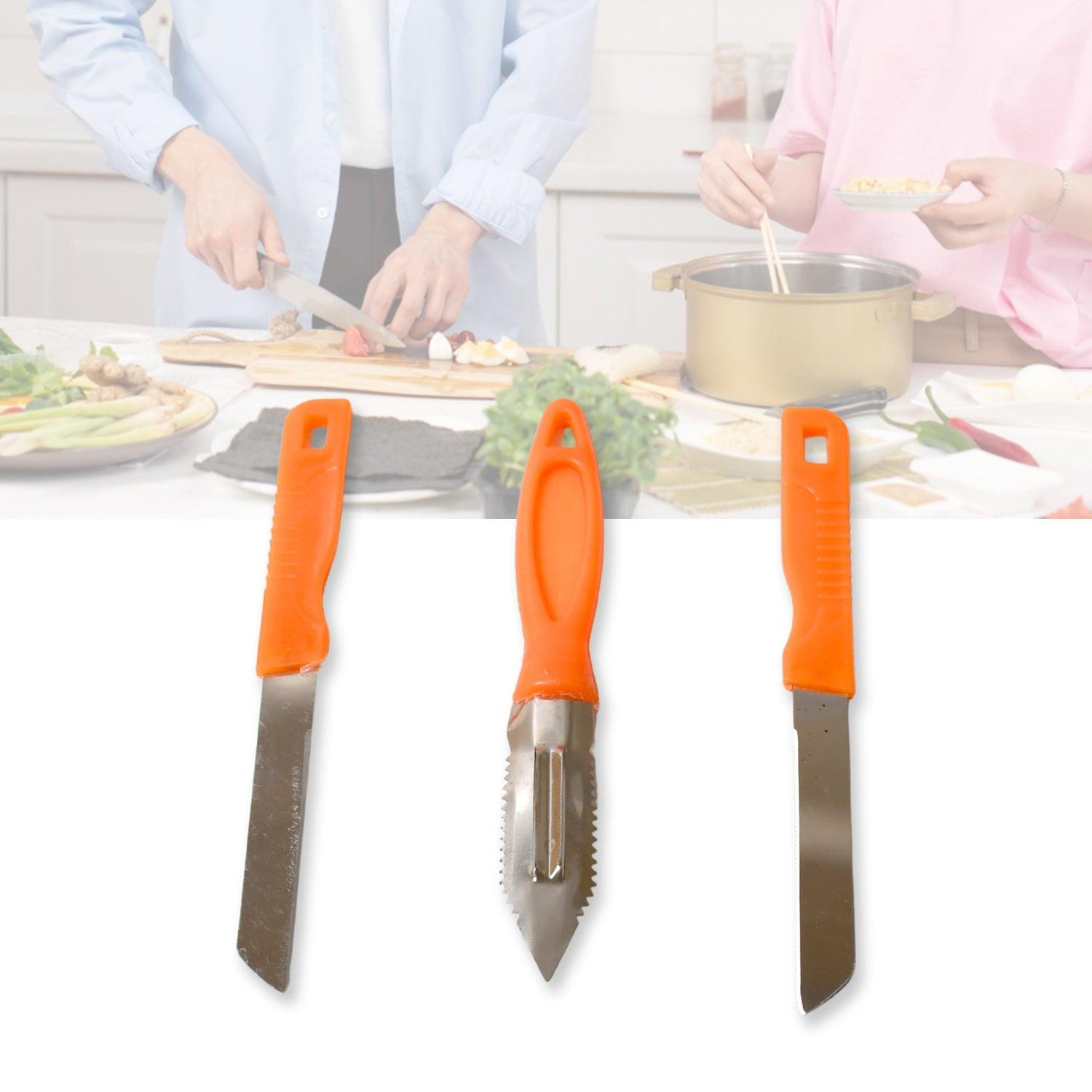 Multipurpose stainless steel kitchen knife set with ergonomic orange handles for versatile cooking tasks