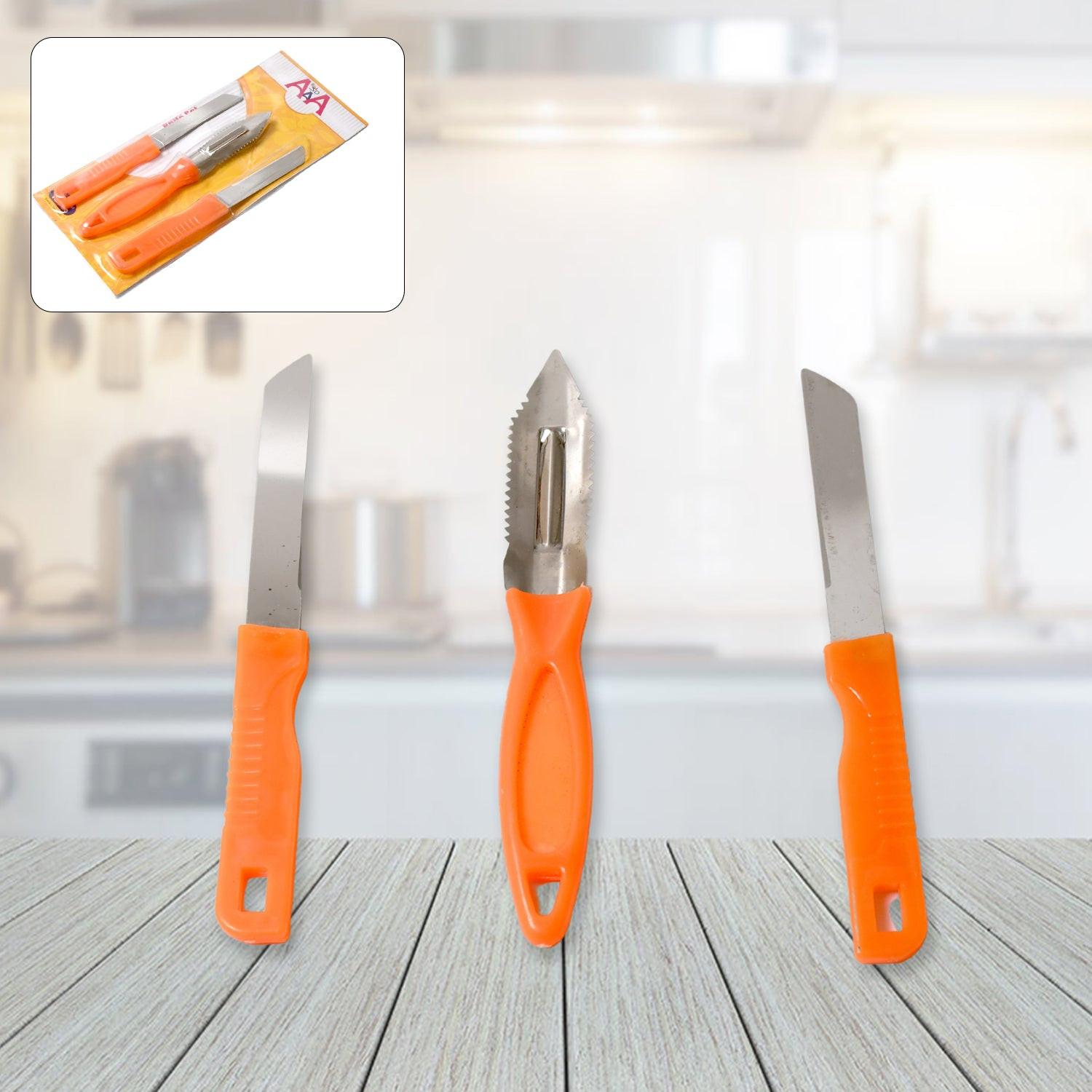 Multipurpose stainless steel kitchen knife set with orange ergonomic handles for easy cutting tasks
