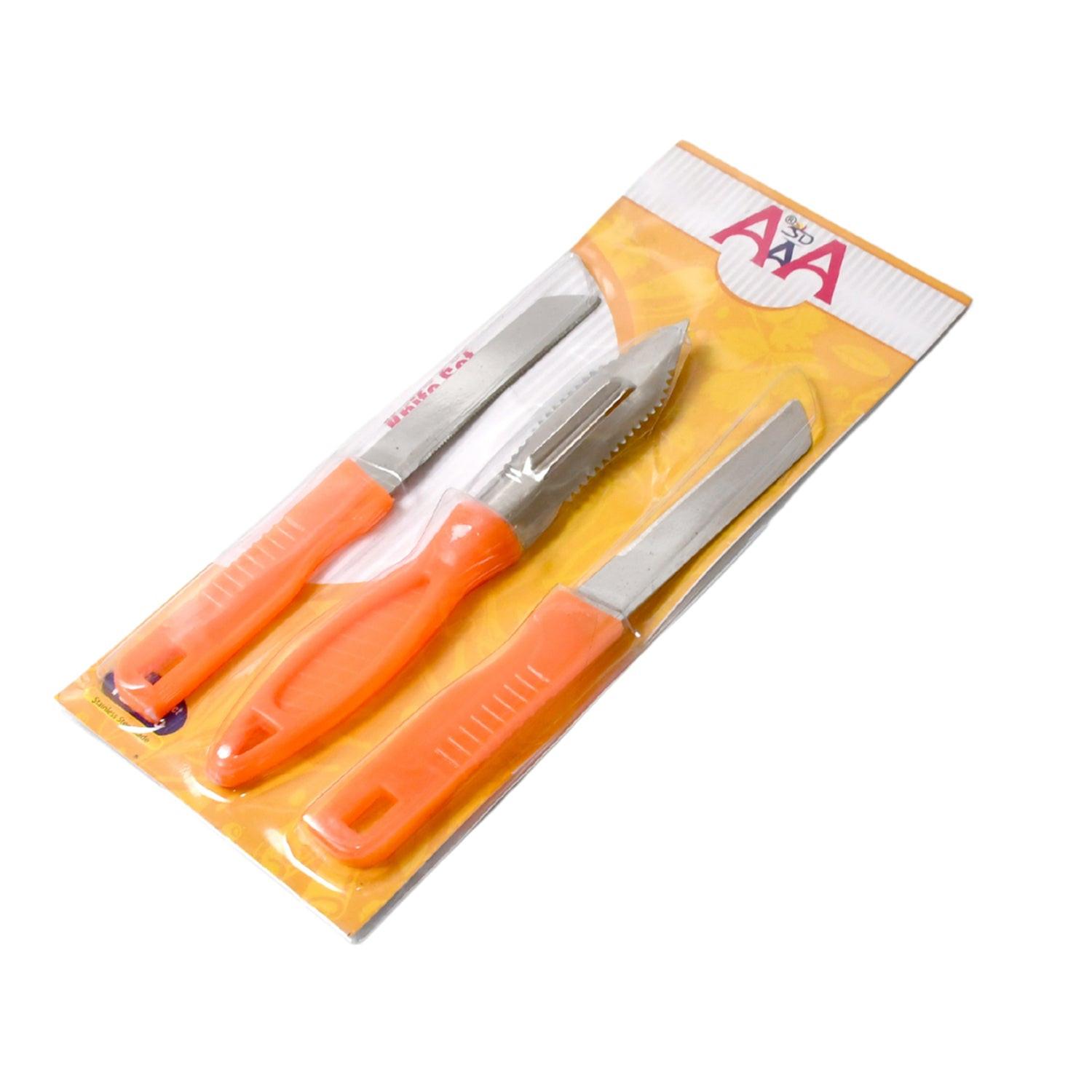 Multipurpose stainless steel kitchen knife set with ergonomic orange handles for easy cooking tasks