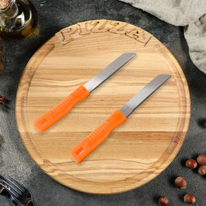 Multipurpose stainless steel kitchen knife set on a wooden pizza board with an orange handle design