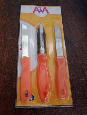 Multipurpose stainless steel kitchen knife set with ergonomic orange handles for versatile cooking tasks