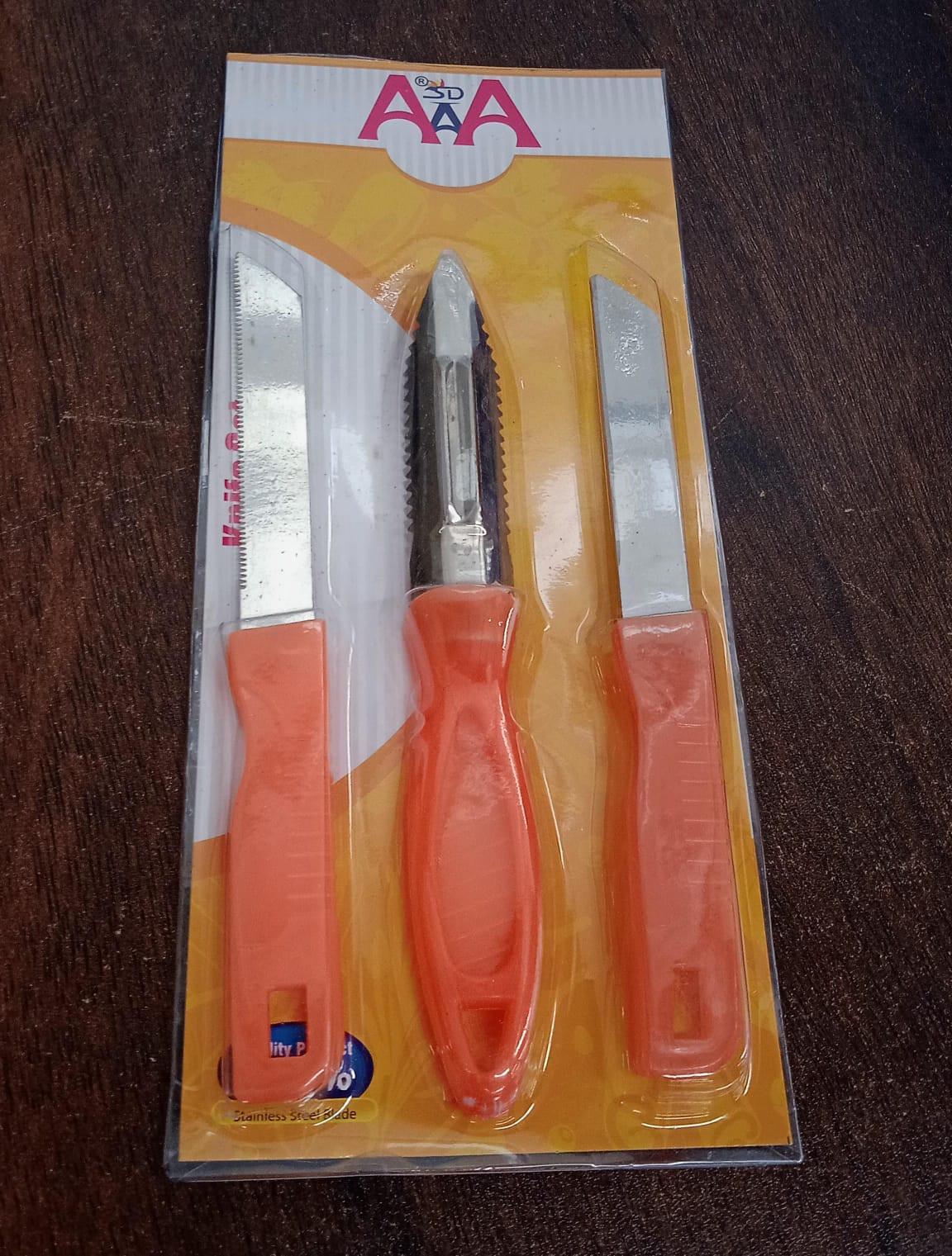 Multipurpose stainless steel kitchen knife set with ergonomic orange handles for versatile cooking tasks