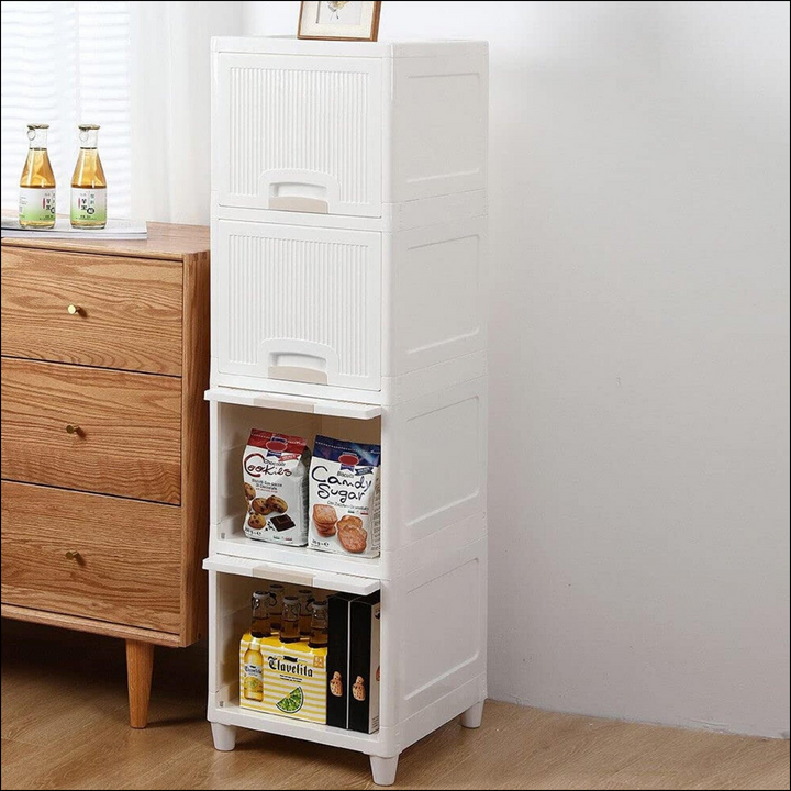 White multipurpose storage cabinet with drawers for organizing kitchen and home items efficiently