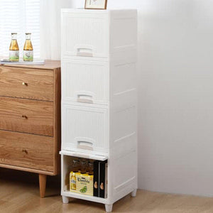 White multipurpose storage cabinet with drawers for organized home and kitchen use