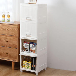 White multipurpose storage cabinet with drawers for organizing kitchen and home items efficiently