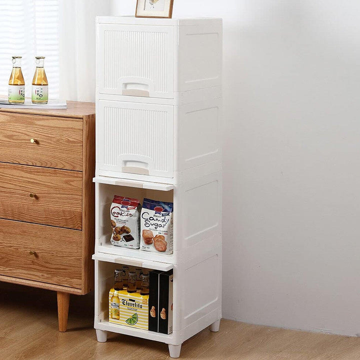 White multipurpose storage cabinet with drawers for organizing kitchen and home items efficiently