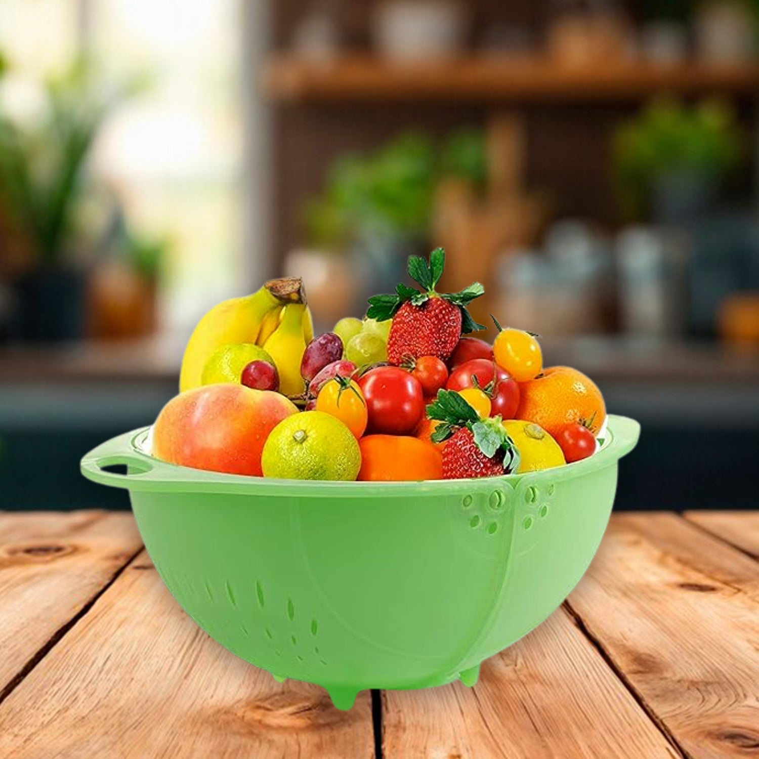 Green multiuse fruit and vegetable bowl filled with fresh assorted fruits on wooden table