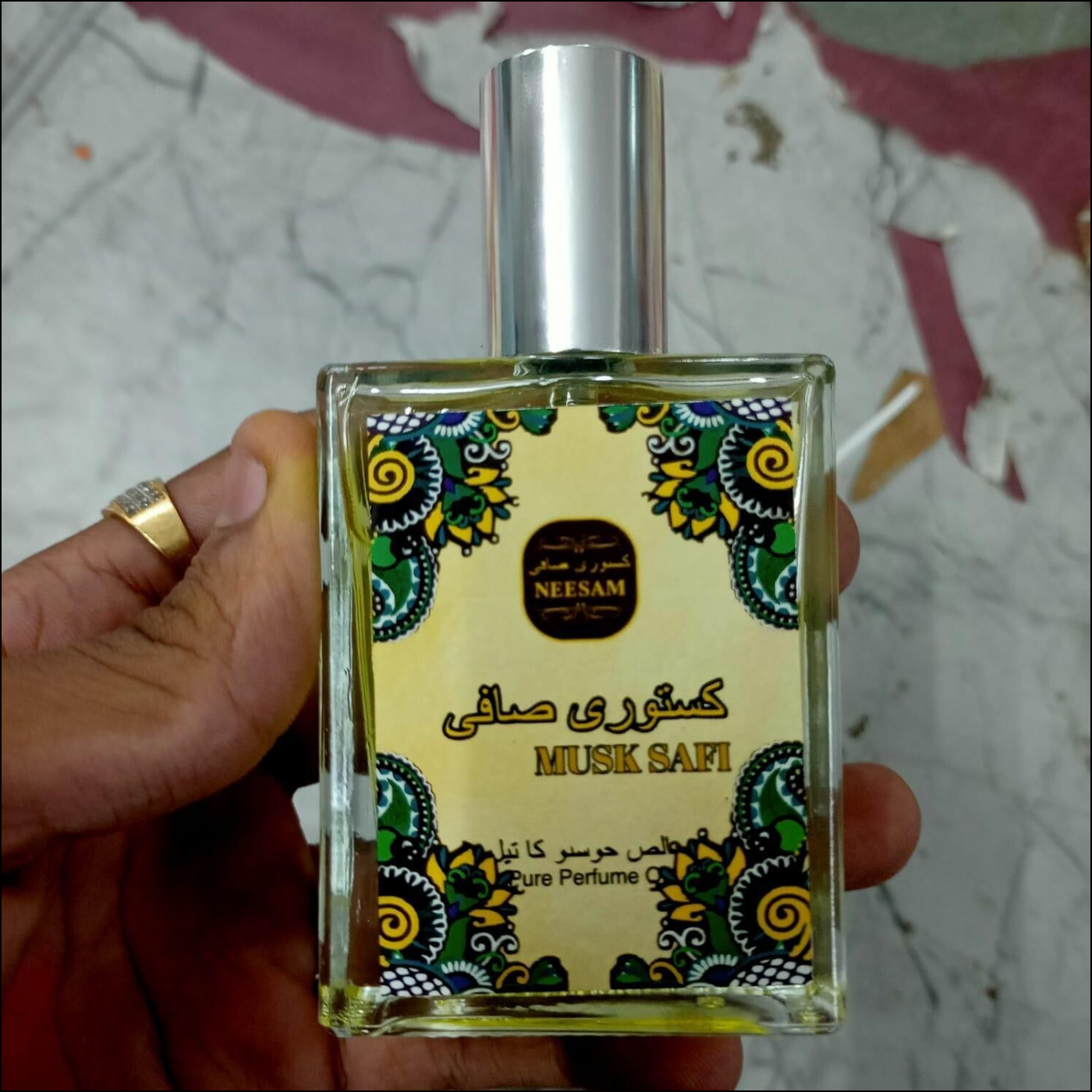 Musk Safi Pure Perfume 50ml bottle with decorative floral design and label by Superior eMart