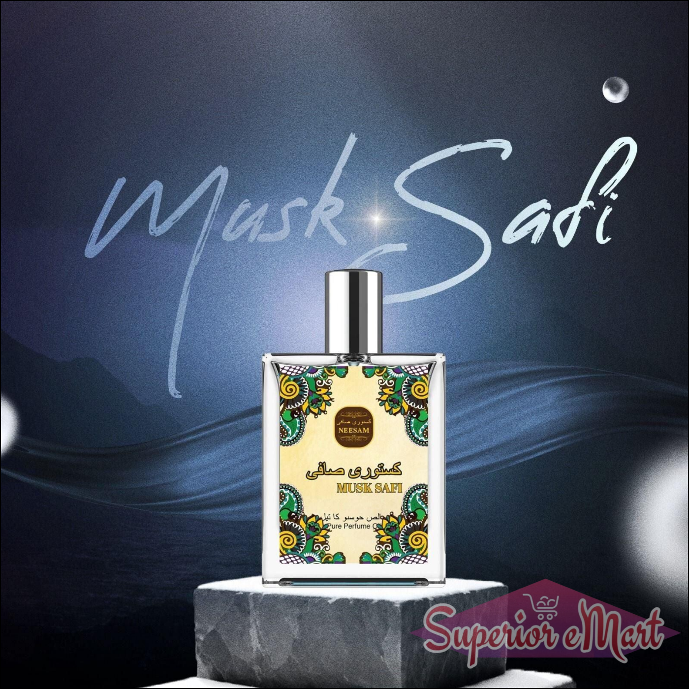 Musk Safi pure perfume 50ml in an elegant bottle with colorful design, featuring a cosmic background