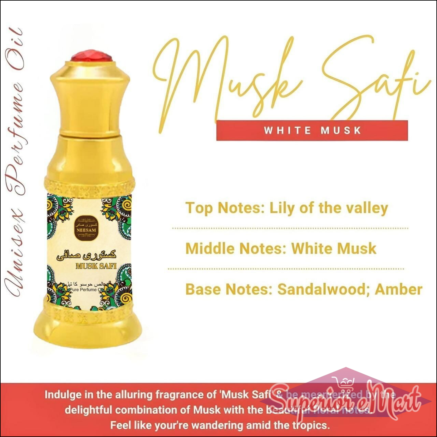 Musk Safi perfume 50ml bottle featuring notes of lily of the valley, white musk, sandalwood, and amber