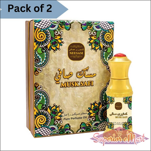 Musk Safi perfume 50ml in ornate packaging with vibrant floral design and gold cap by Superior eMart