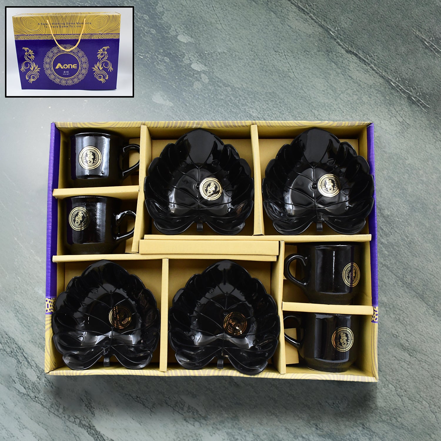 A One Ceramic Tea  Cups  Mug Set With Leaf Shape Serving Bowl (8 Pcs Set).