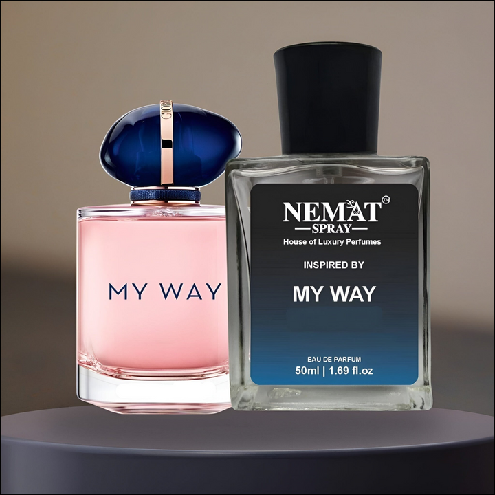 Two perfume bottles, one pink and one black with 'Nemat' branding, on a gradient background.