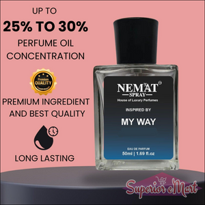 Nemat "Inspired by My Way" perfume. Clear bottle, blue label. Pink background. 25-30% oil concentration, long lasting.